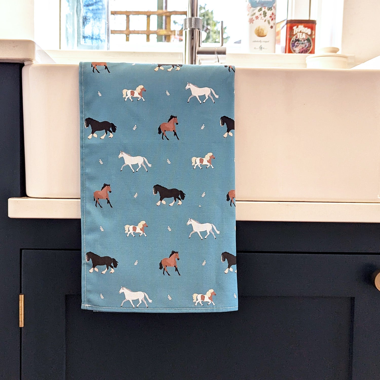 Teal Blue Horses Tea Towel