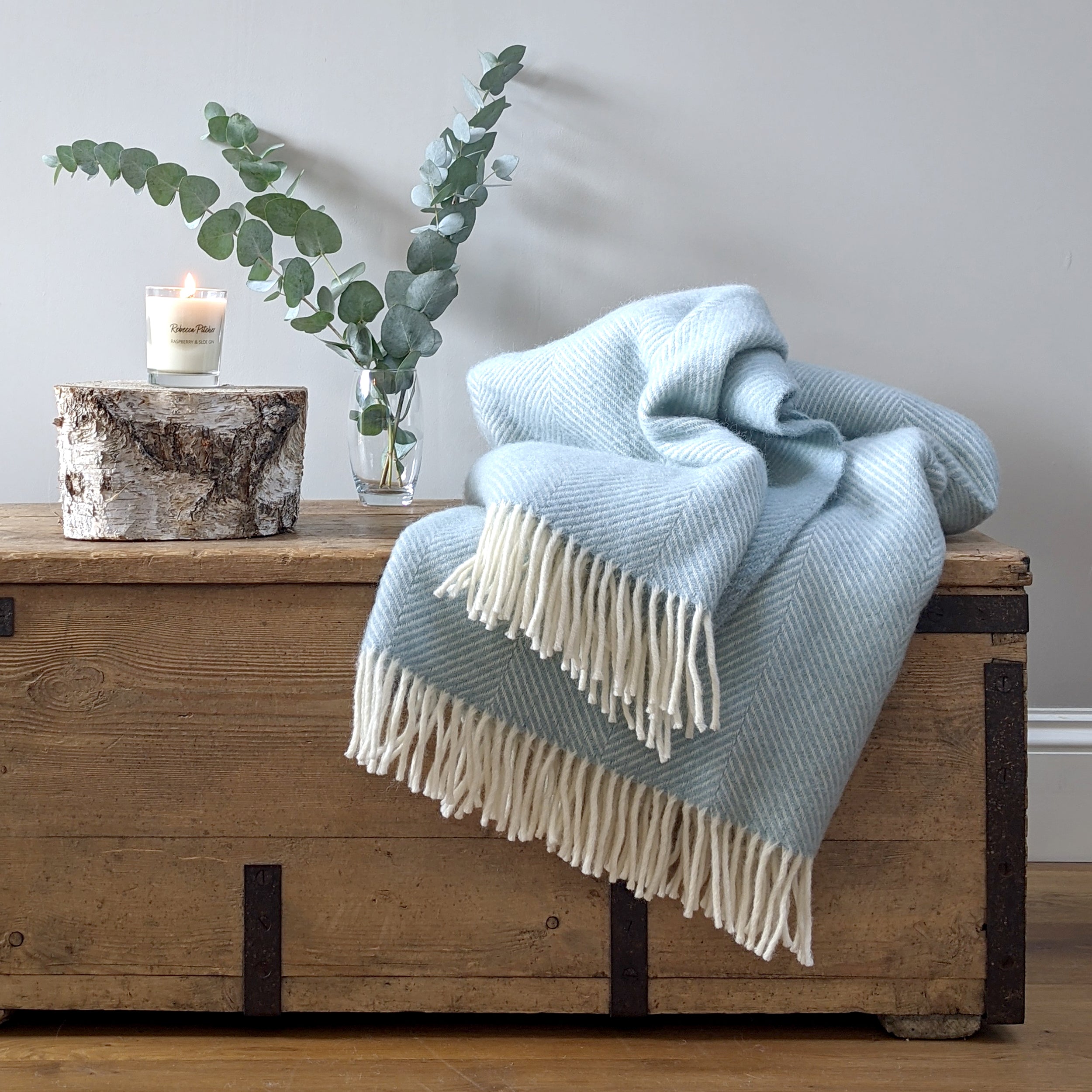 Duck Egg Blue Herringbone Wool Blanket