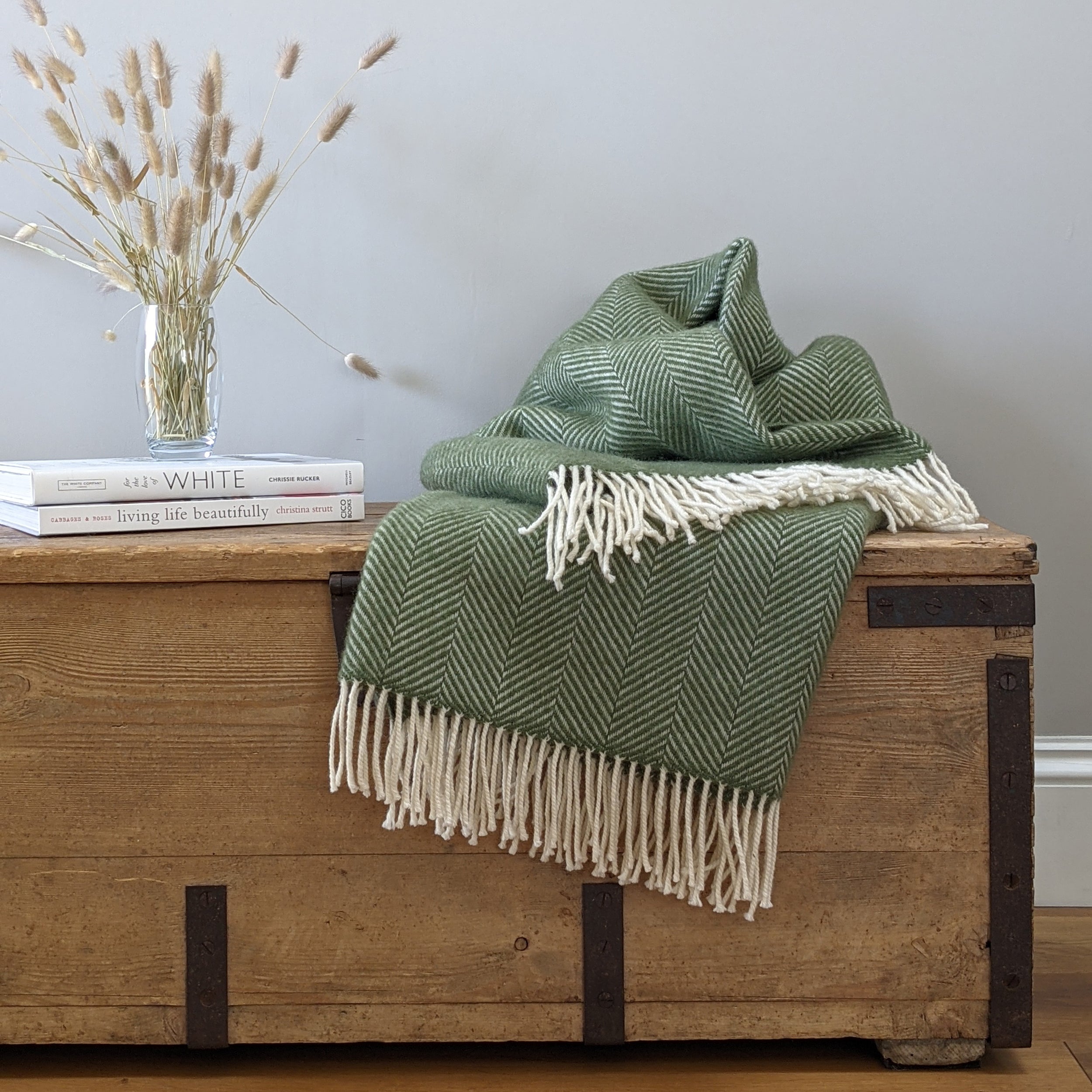 Olive Green Herringbone Wool Blanket