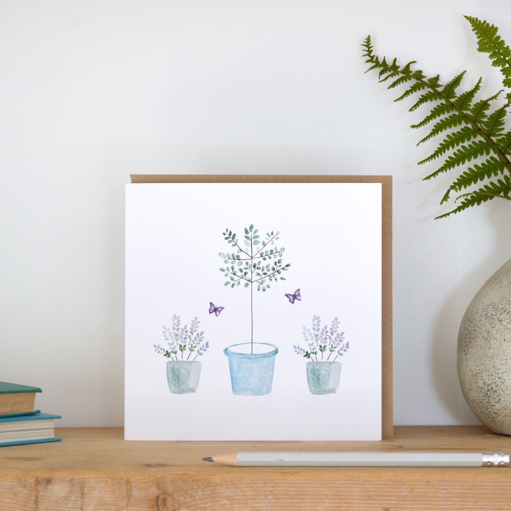 Greetings Cards with painted olive tree and lavender pots