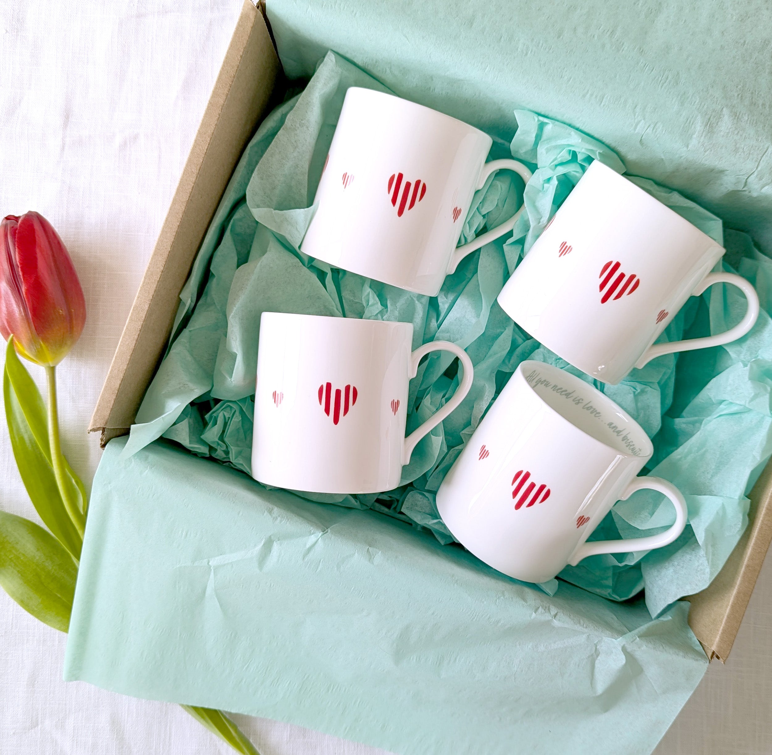 Set of 4 Fine Bone China Mugs - Hearts
