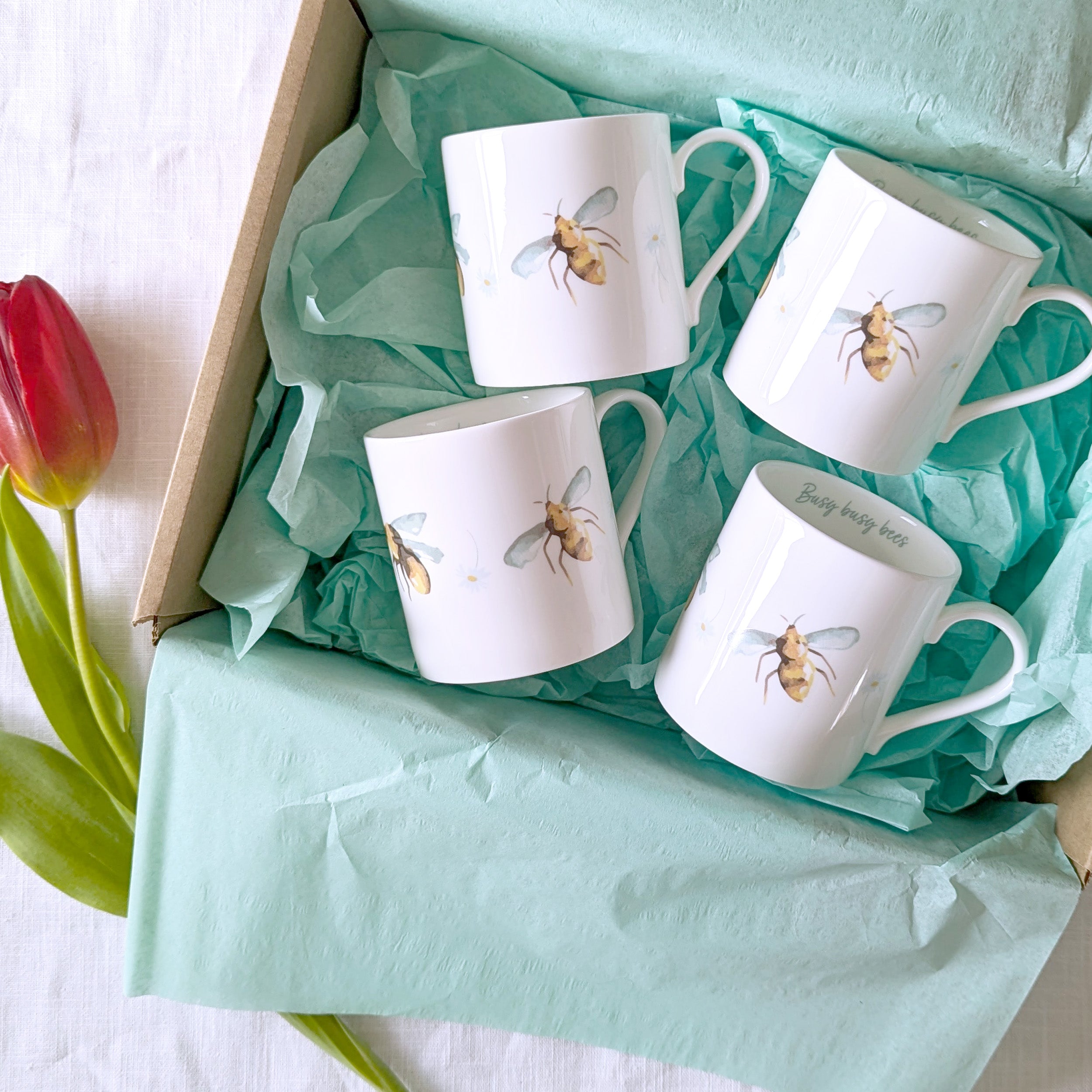 Set of 4 Bee Fine Bone China Mugs in a Gift Box