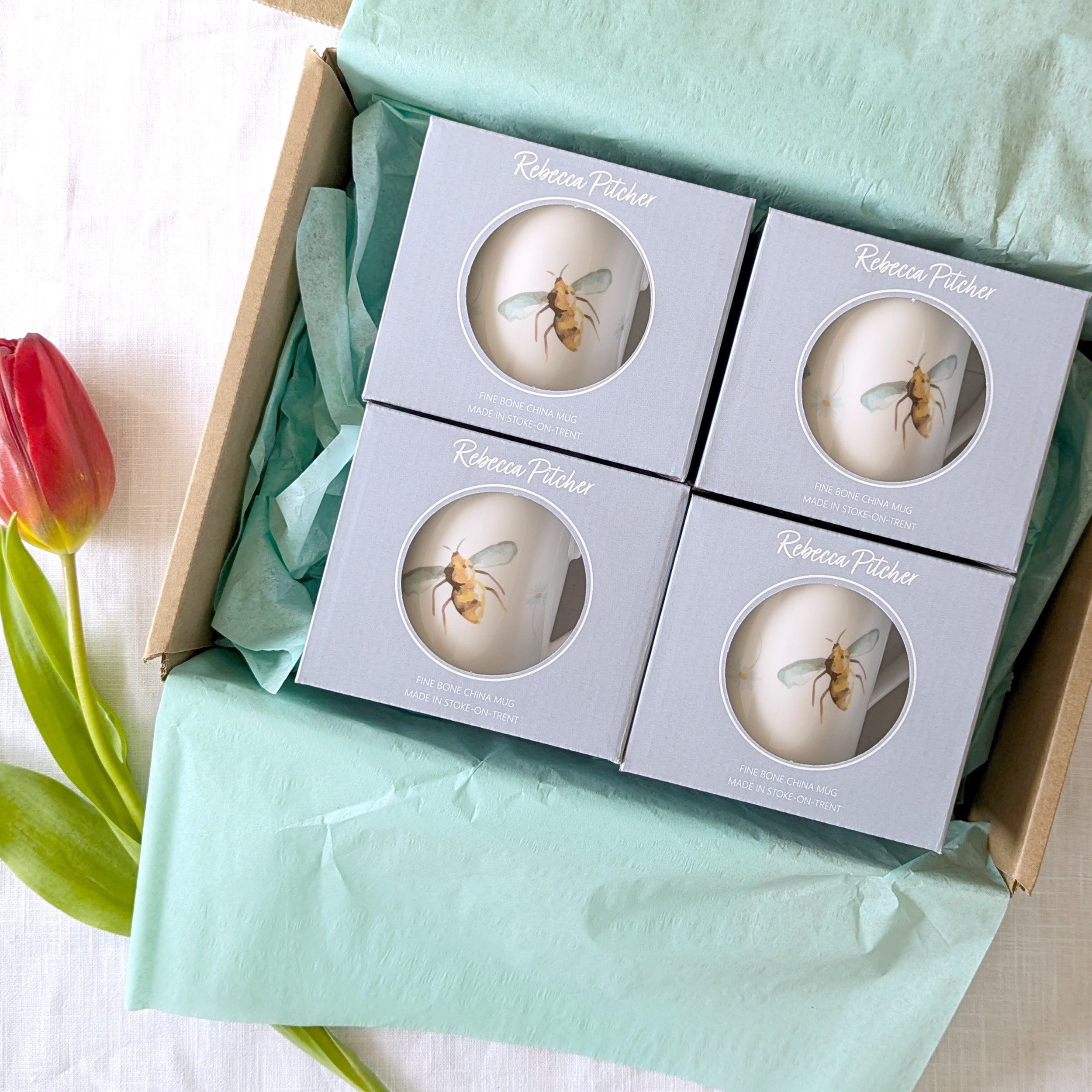 Set of 4 Bee Fine Bone China Mugs in Gift Boxes