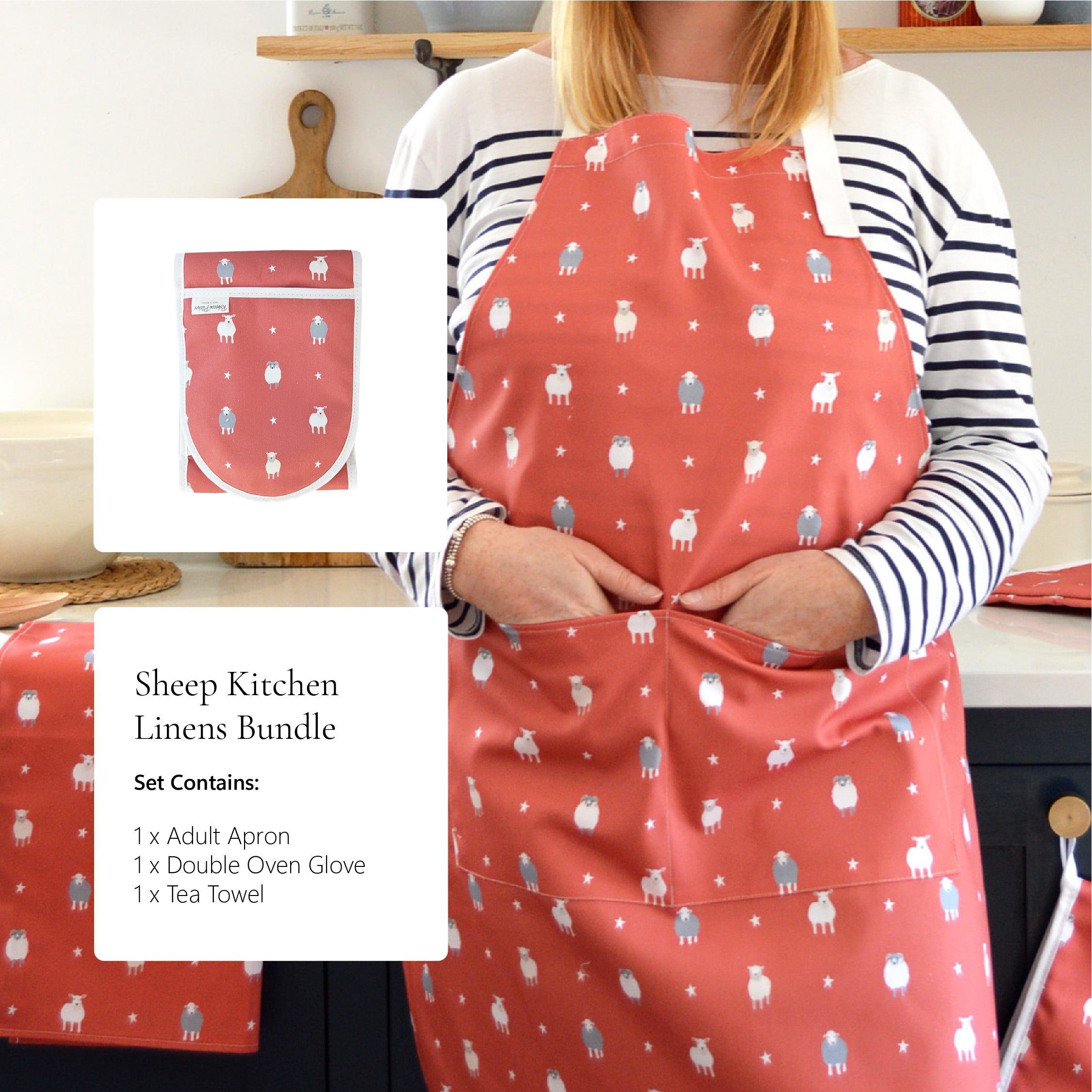 Sheep Kitchen Linens set contains adult apron, oven gloves and tea towel