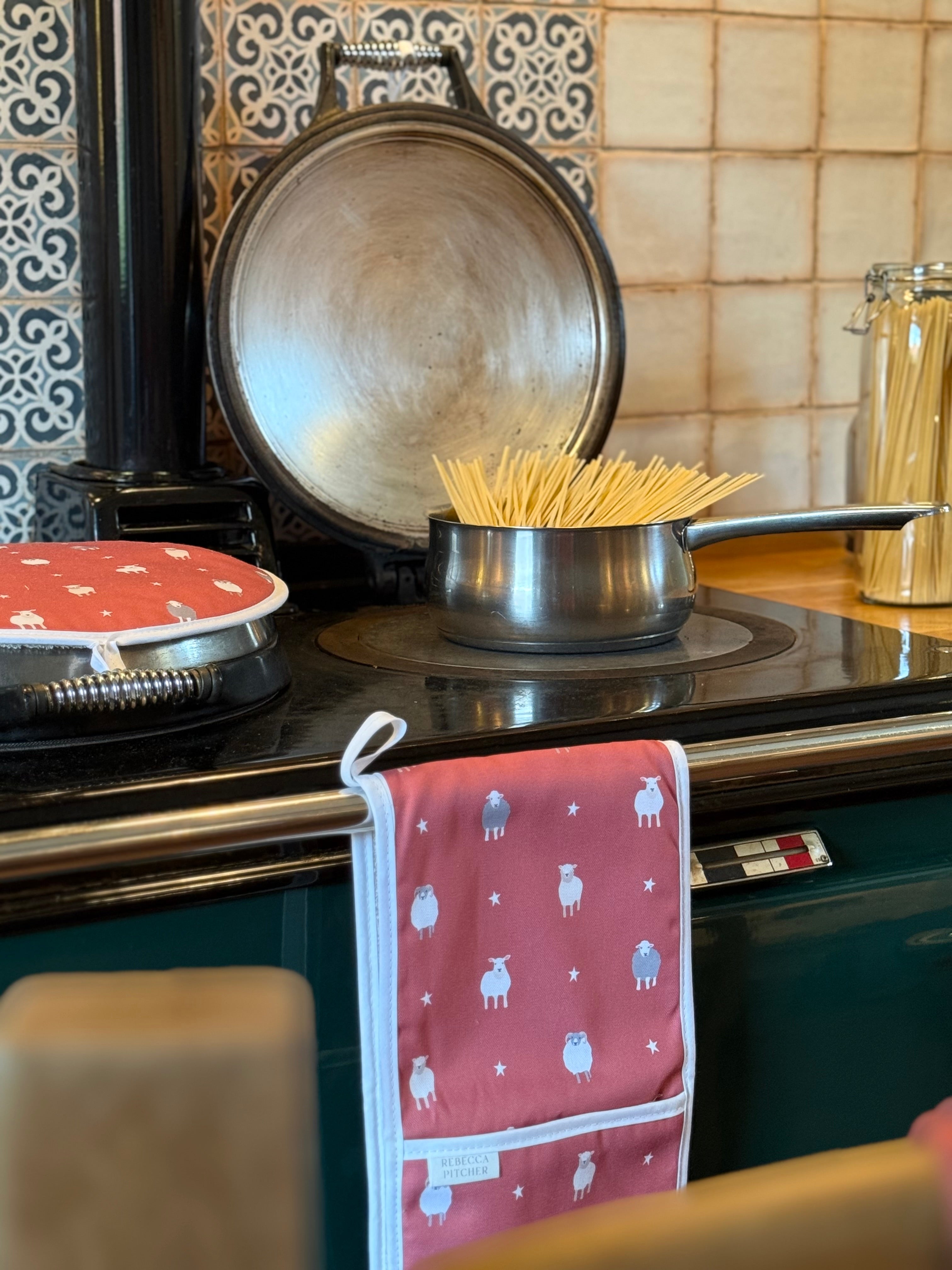 Stove with pot of spaghetti and red tea towel with sheep pattern