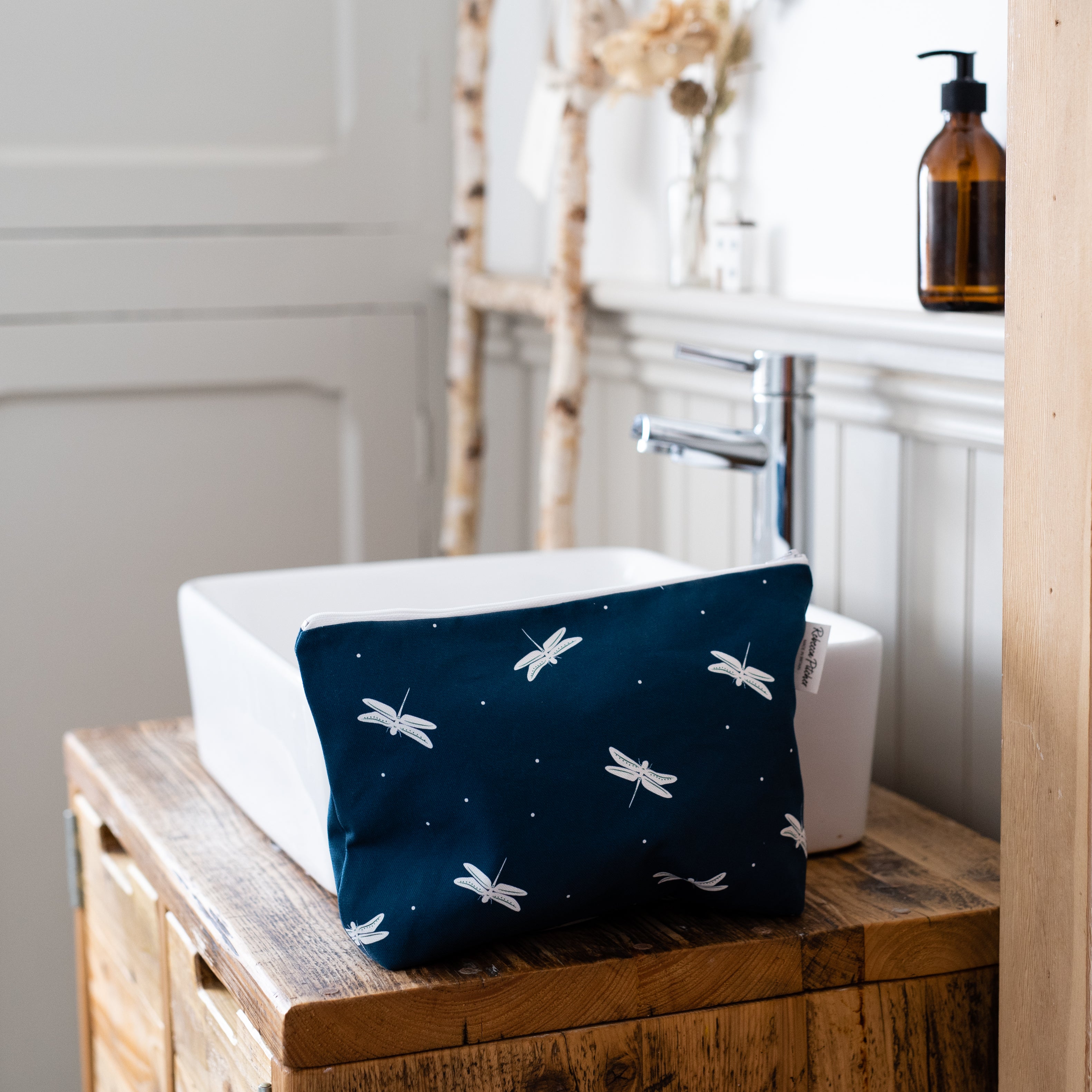 Navy Dragonfly Washbag by Rebecca Pitcher