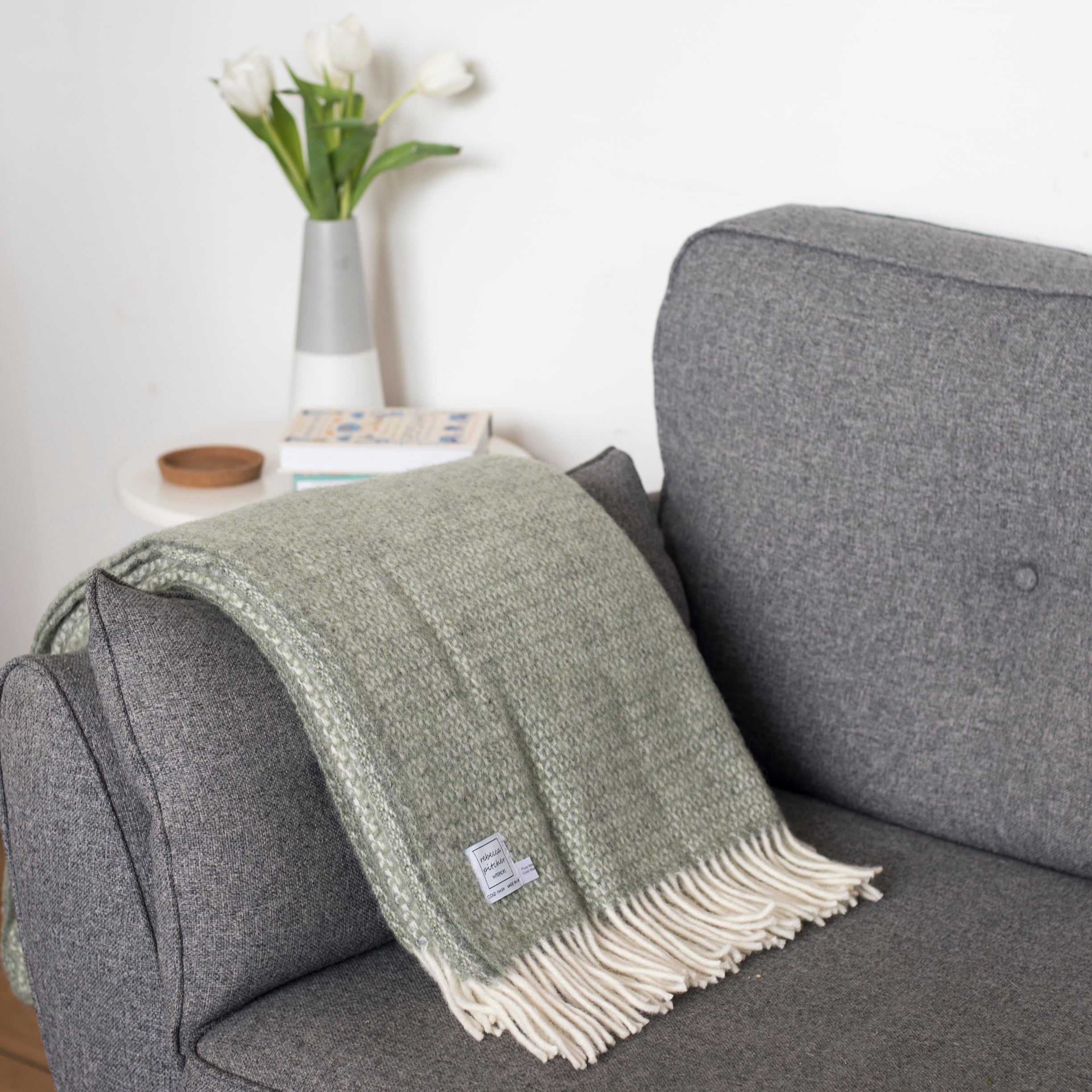 Grey Green Wool Throw Blanket by Rebecca Pitcher